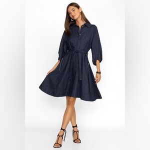 Johnny Was Sasson Montaigne Denim Jean Belted Collared Dress Blue XL $348